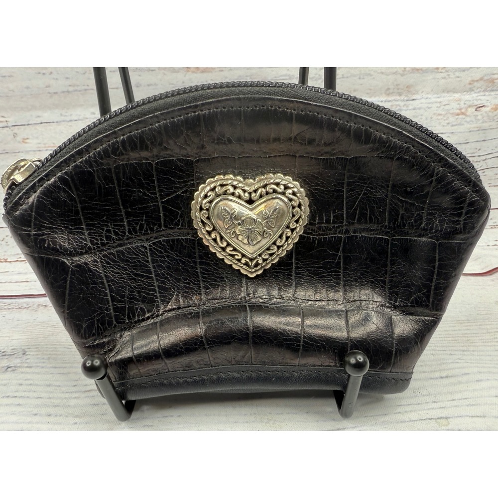 Brighton Black Croc Embossed Leather Heart Coin Purse Pouch Mini Bag